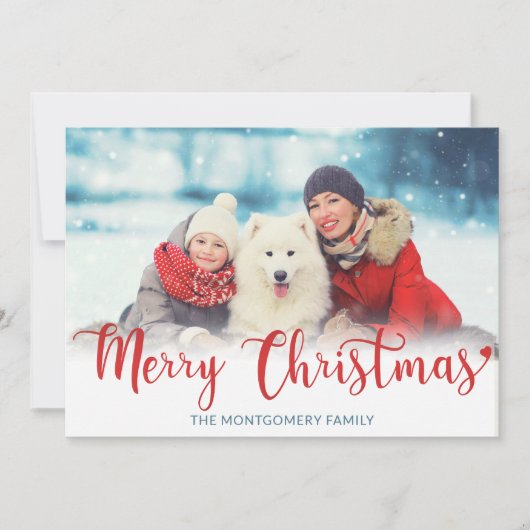 Frohe Weihnachten Red Modern Script Foto Blue (Vorderseite)