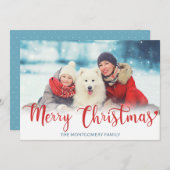 Frohe Weihnachten Red Modern Script Foto Blue (Vorne/Hinten)