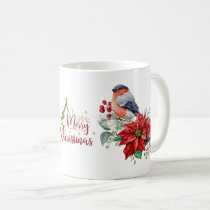 Frohe Weihnachten Red Poinsettia Bird Holly Berry Kaffeetasse