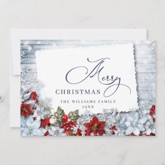 Frohe Weihnachten Red Poinsettia Rustic Wood (Vorderseite)