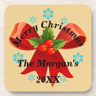 Frohe Weihnachten Red Ribbon Holly Leaf Getränkeuntersetzer