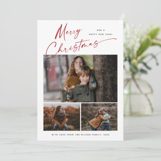 Frohe Weihnachten Red Script 3 Foto Collage (Stehend Vorderseite)