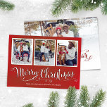 Frohe Weihnachten Red Script Foto Collage<br><div class="desc">Dieses Design verfügt über eine frohe Weihnachtskarte,  mit einer Collage aus Foto,  einer eleganten,  roten,  Aquarellbild-Fotokarte,  Schrifttypografie,  Kalligraphie,  einfachen Minimalisten,  eine minimale Urlaubsfotokarte.</div>