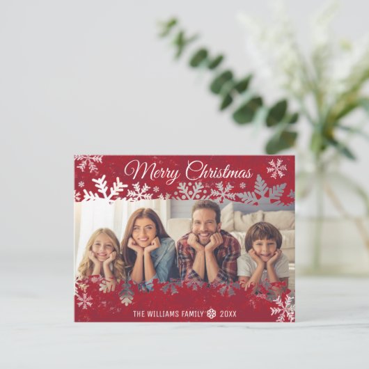 Frohe Weihnachten RED Snowflake Familienwünsche FO Postkarte (Stehend Vorderseite)