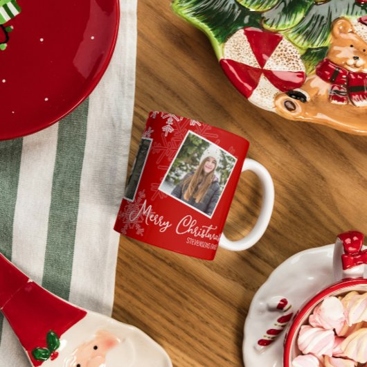 Frohe Weihnachten Red Snowflakes Foto Collage Kaffeetasse