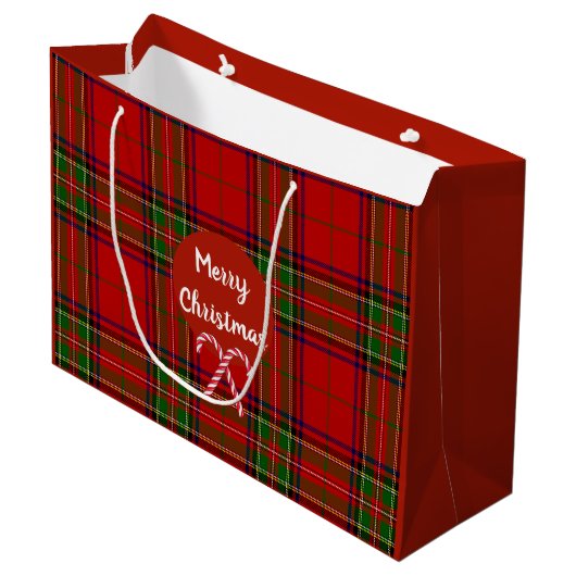 Frohe Weihnachten Red Tartan Kariert Candy Canes Große Geschenktüte (Vorderseite Schrägansicht)