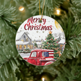 Frohe Weihnachten Red Truck Holiday Ornament