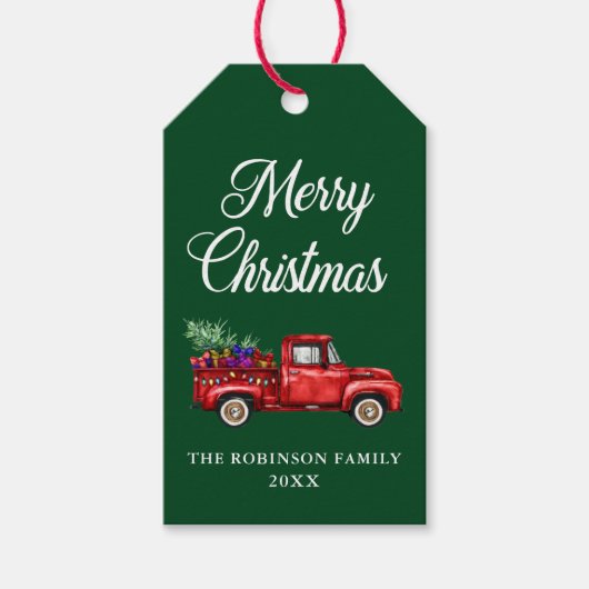 Frohe Weihnachten Red Truck Tree Geschenke Lichter Geschenkanhänger (Vorderseite)
