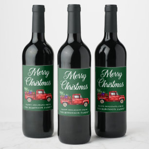 Frohe Weihnachten Red Truck Tree Geschenke Lights Weinetikett