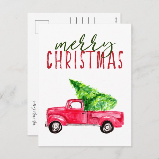 Frohe Weihnachten Red Truck Tree Wasserfarbe Einfa (Vorne/Hinten)