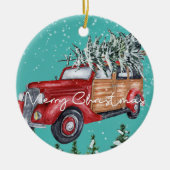 Frohe Weihnachten Red Truck Winter Schneefall Keramik Ornament (Vorne)