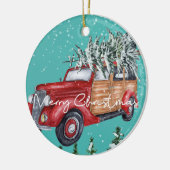 Frohe Weihnachten Red Truck Winter Schneefall Keramik Ornament (Links)
