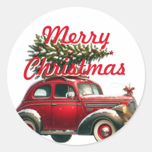 Frohe Weihnachten Red Vintage Auto Weihnachtsbaum Runder Aufkleber