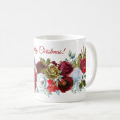 Frohe Weihnachten Red White Roses Holly Pine Cones Kaffeetasse (VorderseiteRechts)