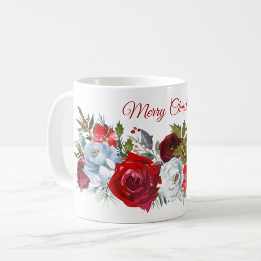 Frohe Weihnachten Red White Roses Holly Pine Cones Kaffeetasse (Vorderseite Links)
