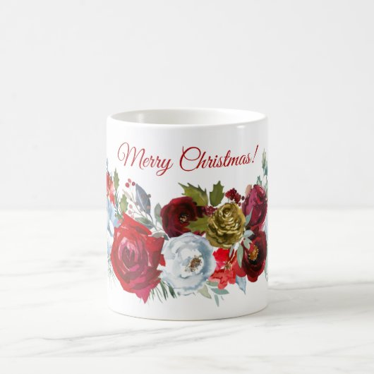 Frohe Weihnachten Red White Roses Holly Pine Cones Kaffeetasse (Mittel)