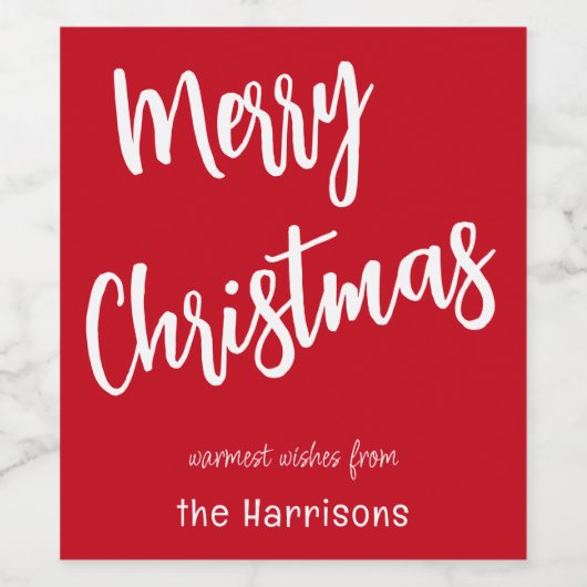 Frohe Weihnachten Red & White Script & Name Set vo Weinetikett (Einzelnes Label)