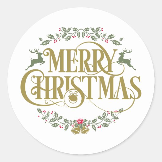 Frohe Weihnachten Reindeer Holly Berries Runder Aufkleber (Vorderseite)