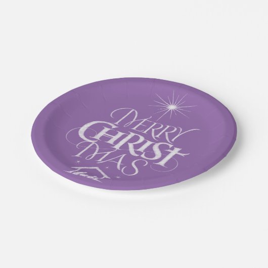 Frohe Weihnachten Religiöse Kalligrafie Chalk Lila Pappteller (Schrägansicht)