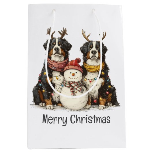 Frohe Weihnachten Rentier Bernese Mountain Hunde Mittlere Geschenktüte (Vorderseite)