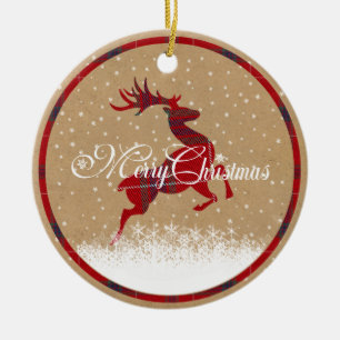 Frohe Weihnachten Rentier Karo Rot/Kraft ID590 Keramik Ornament