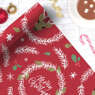 Frohe Weihnachten Rentier Kranz Feiertage Rot Geschenkpapier