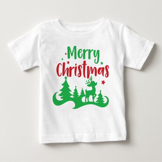 Frohe Weihnachten, Rentier, Weihnachtsbaum, Sterne Baby T-shirt (Vorderseite)
