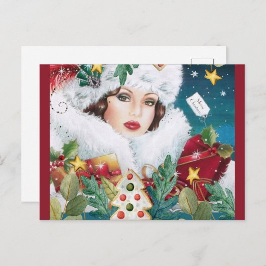 Frohe Weihnachten Retro Art Deco Lady Postkarte (Vorne/Hinten)