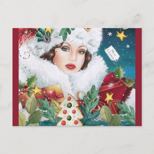 Frohe Weihnachten Retro Art Deco Lady Postkarte (Vorderseite)