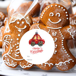 Frohe Weihnachten Retro Auto Ornament Name Runder Aufkleber