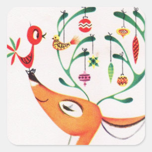Frohe Weihnachten Retro geschmücktes Rentier Quadratischer Aufkleber