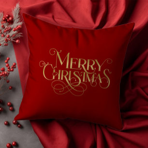 Frohe Weihnachten Retro-Gold-Typografie auf Rot Kissen