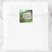 Frohe Weihnachten | Retro Holly & Pine Cones Quadratischer Aufkleber (Tasche)