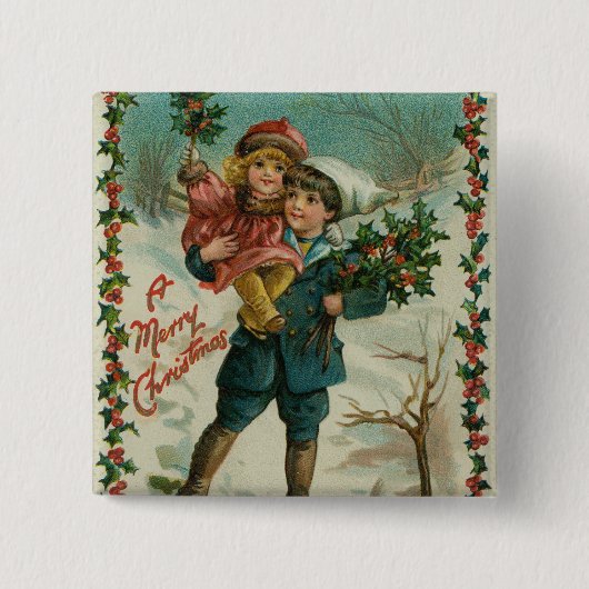 Frohe Weihnachten - Retro-Postkarte, Kinder, Stech Button (Vorderseite)