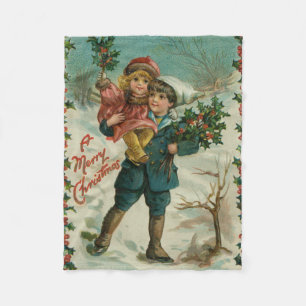 Frohe Weihnachten - Retro-Postkarte, Kinder, Stech Fleecedecke