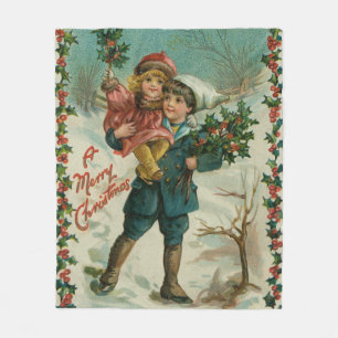 Frohe Weihnachten - Retro-Postkarte, Kinder, Stech Fleecedecke