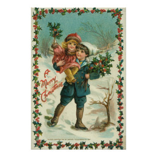 Frohe Weihnachten - Retro-Postkarte, Kinder, Stech Fotodruck
