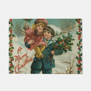 Frohe Weihnachten - Retro-Postkarte, Kinder, Stech Fußmatte
