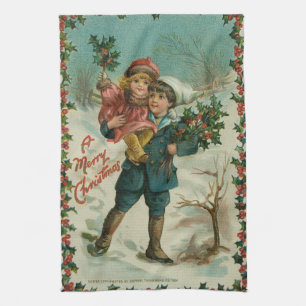 Frohe Weihnachten - Retro-Postkarte, Kinder, Stech Geschirrtuch