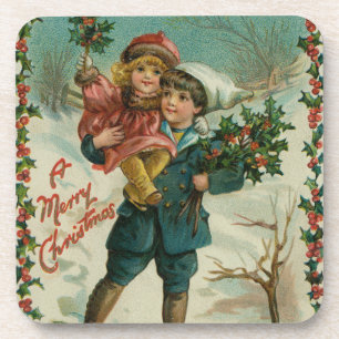 Frohe Weihnachten - Retro-Postkarte, Kinder, Stech Getränkeuntersetzer