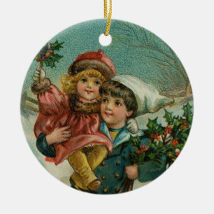 Frohe Weihnachten - Retro-Postkarte, Kinder, Stech Keramik Ornament