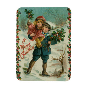Frohe Weihnachten - Retro-Postkarte, Kinder, Stech Magnet
