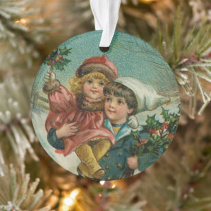 Frohe Weihnachten - Retro-Postkarte, Kinder, Stech Ornament