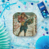 Frohe Weihnachten - Retro-Postkarte, Kinder, Stech Pappteller (Party)
