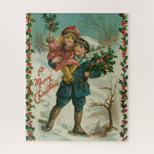 Frohe Weihnachten - Retro-Postkarte, Kinder, Stech Puzzle
