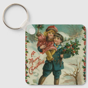 Frohe Weihnachten - Retro-Postkarte, Kinder, Stech Schlüsselanhänger