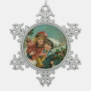 Frohe Weihnachten - Retro-Postkarte, Kinder, Stech Schneeflocken Zinn-Ornament