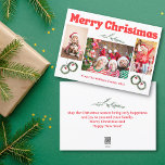 frohe Weihnachten Retro-Rote Kalligrafie 3 Fotos<br><div class="desc">Vintage Retro-Kalligraphie mit drei Fotos Kollage mit Weihnachtsgrün-Weihnachtskarte auf der Rückseite der Urlaubshinweise</div>