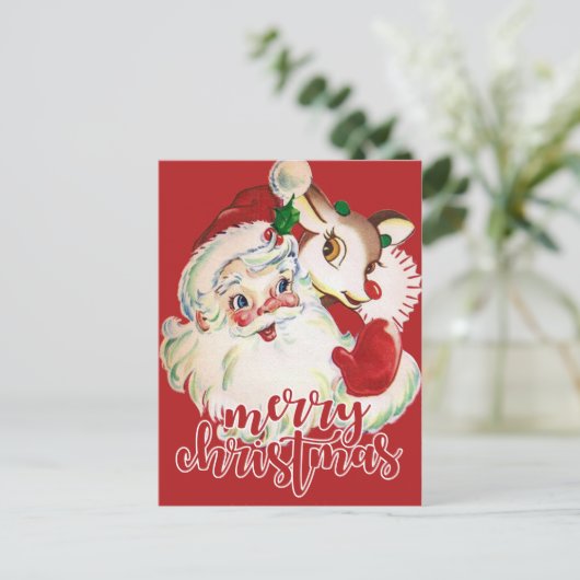 Frohe Weihnachten | Retro Santa Claus & Rudolf (Stehend Vorderseite)