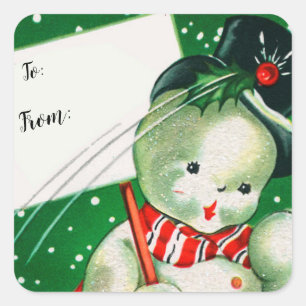 Frohe Weihnachten Retro Snowman Gift Tag Quadratischer Aufkleber